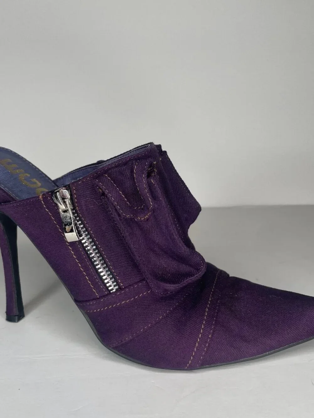 EGO Y2K Baddie Purple Denim Americana Pointed Toe Zipper Stiletto Mules Size 9
